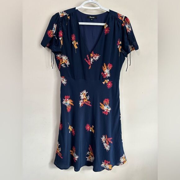 Madewell Silk Poppy Dress Cactus Flower Navy Mini - Picture 3 of 12